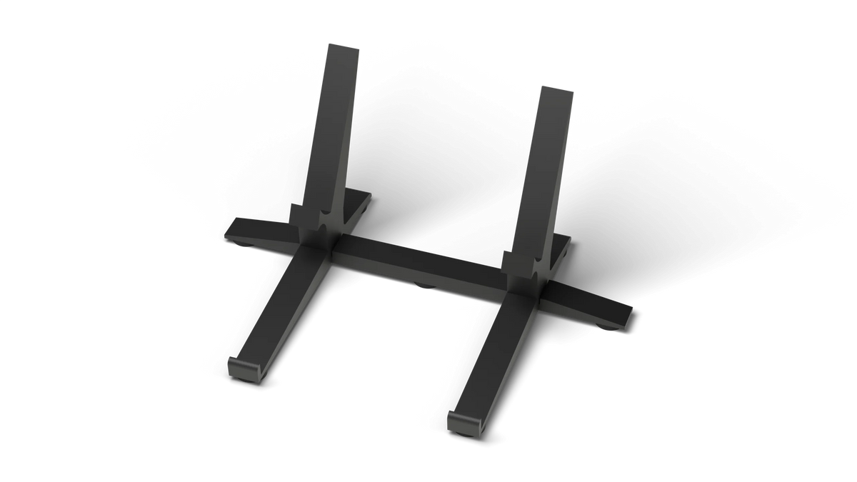 Angle Stand for Midicake UNA on its own: black powder-coated aluminium frame with angled uprights and non-slip rubber feet
