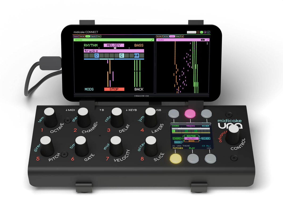 Front view of Midicake UNA on the Angle Stand, with a phone running Midicake CONNECT mounted behind the knobs and screen