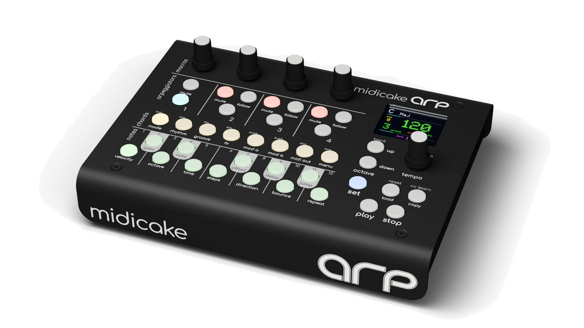 Midicake ARP hardware MIDI arpeggiator and sequencer, angled view of the control panel and colour screen