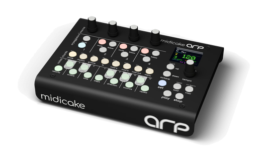 Midicake ARP hardware MIDI arpeggiator and sequencer, angled view of the control panel and colour screen