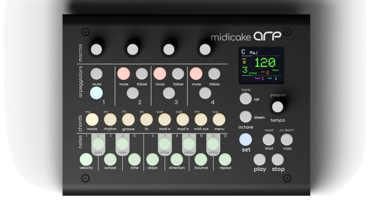 Midicake ARP from above: four macro knobs, arpeggiator, chord and note buttons, and colour screen