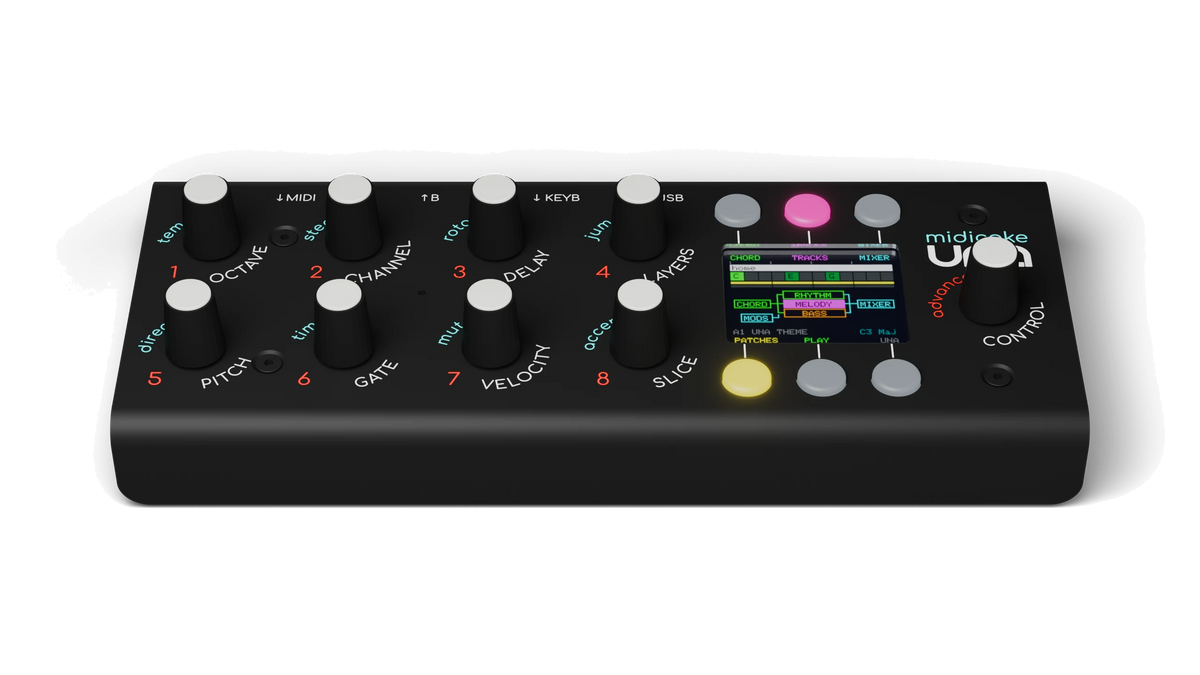 Midicake UNA front view from above, showing the labelled knobs and screen