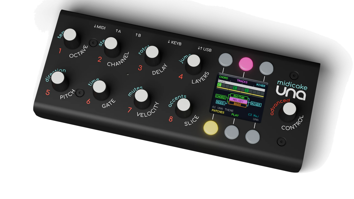 Midicake UNA MIDI sequencer for keyboard players, angled view of the eight knobs, colour screen and buttons