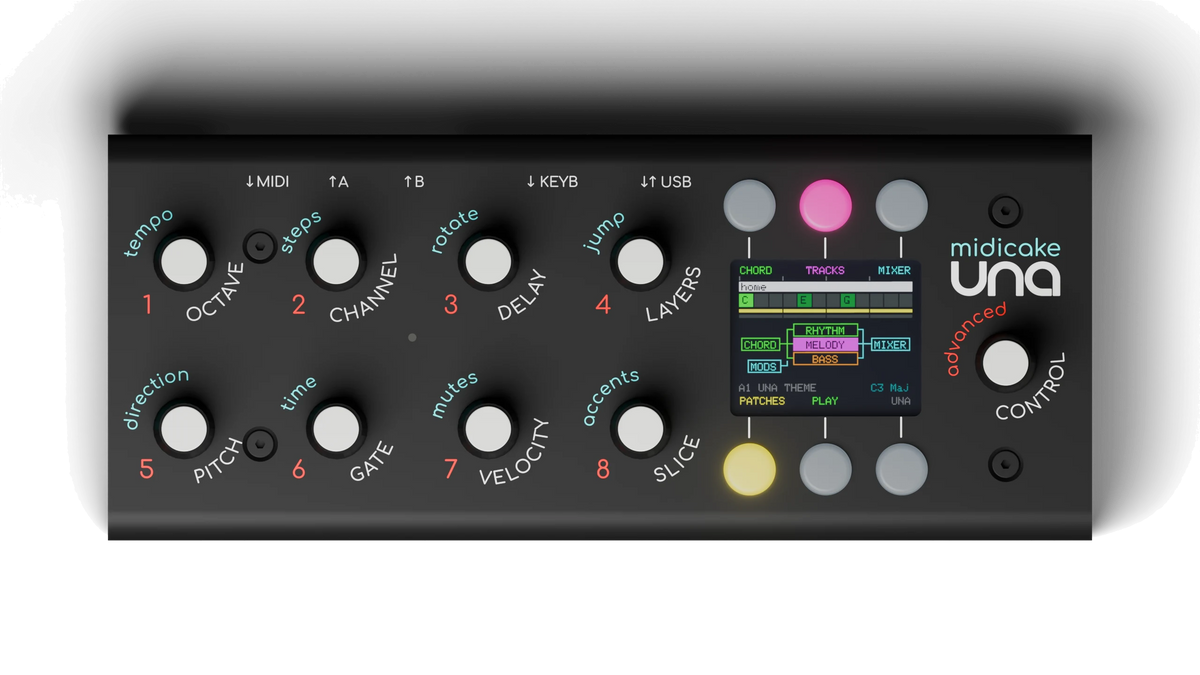 Midicake UNA from above: eight parameter knobs, colour screen, control knob and buttons