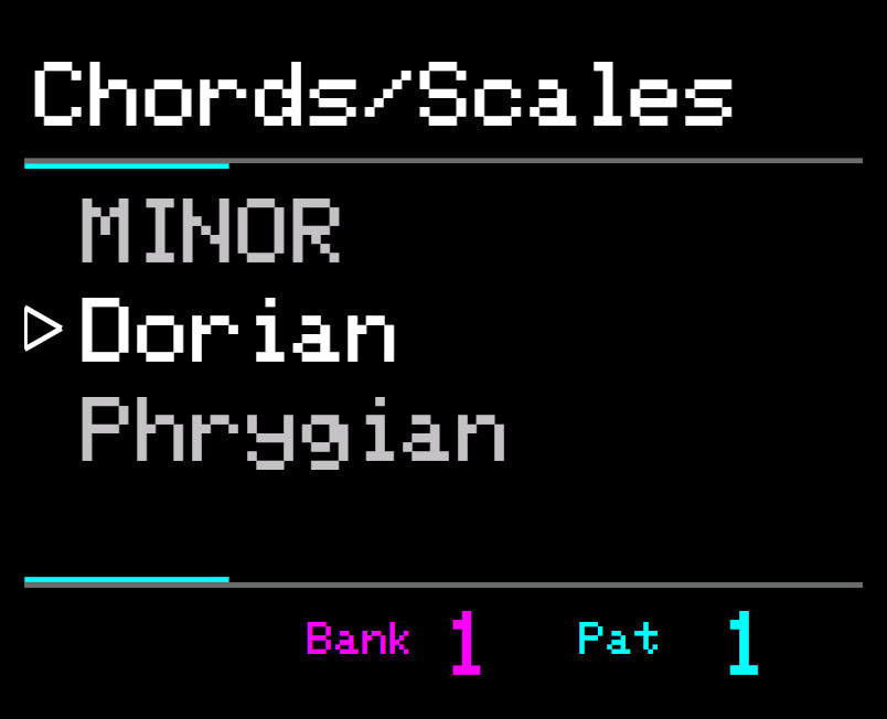 Midicake ARP screen – Chords and scales menu with Dorian selected