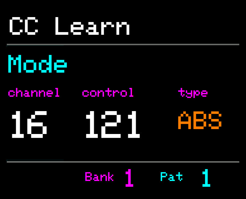 Midicake ARP screen – CC Learn: channel 16, control 121, absolute mode