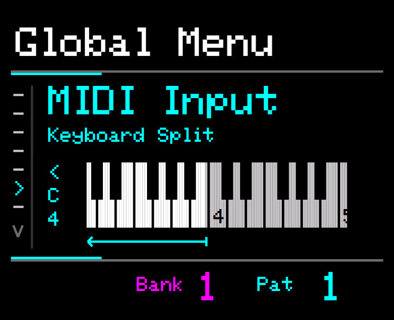 Midicake ARP screen – Global menu: MIDI input keyboard split