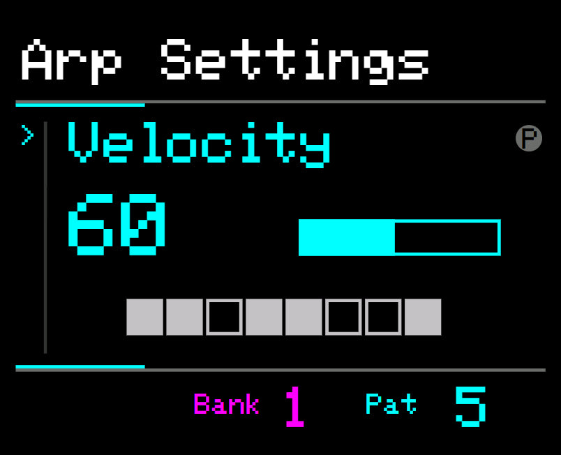 Midicake ARP screen – Velocity 60 with per-step pattern