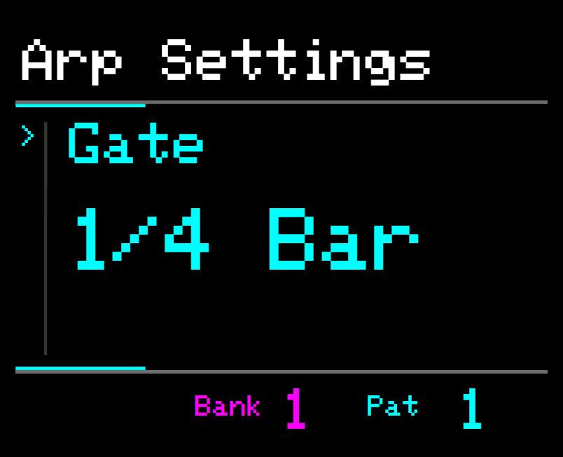 Midicake ARP screen – Gate length 1/4 bar
