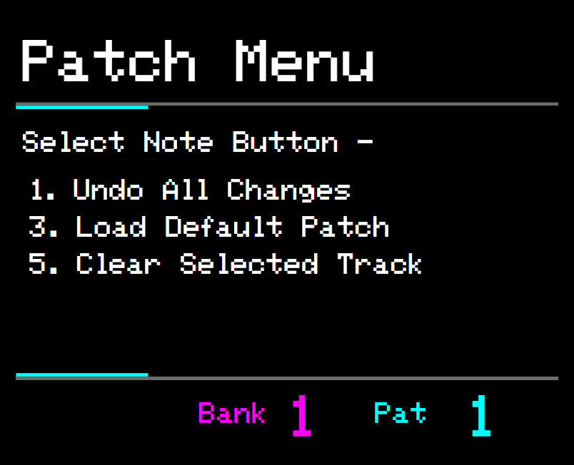 Midicake ARP screen – Patch menu: undo, load default patch, clear track