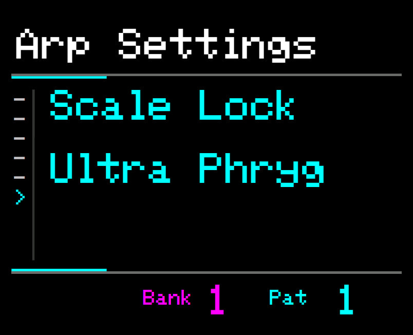 Midicake ARP screen – Scale lock: Ultra Phrygian
