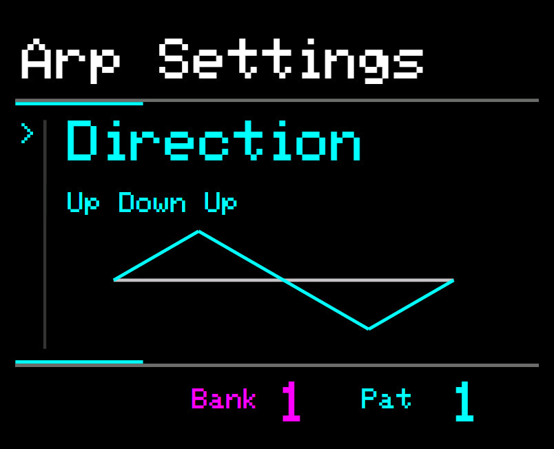 Midicake ARP screen – Direction: Up Down Up