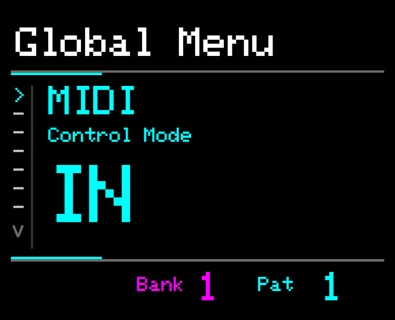 Midicake ARP screen – Global menu: MIDI control mode IN