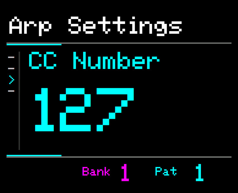 Midicake ARP screen – CC number 127