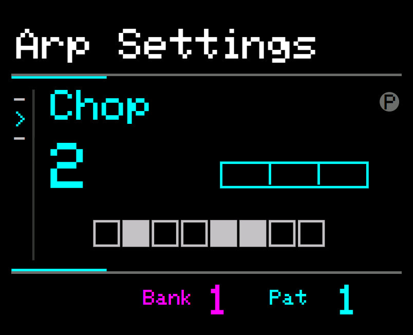 Midicake ARP screen – Chop 2 with per-step pattern
