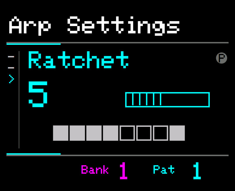 Midicake ARP screen – Ratchet 5 with per-step pattern