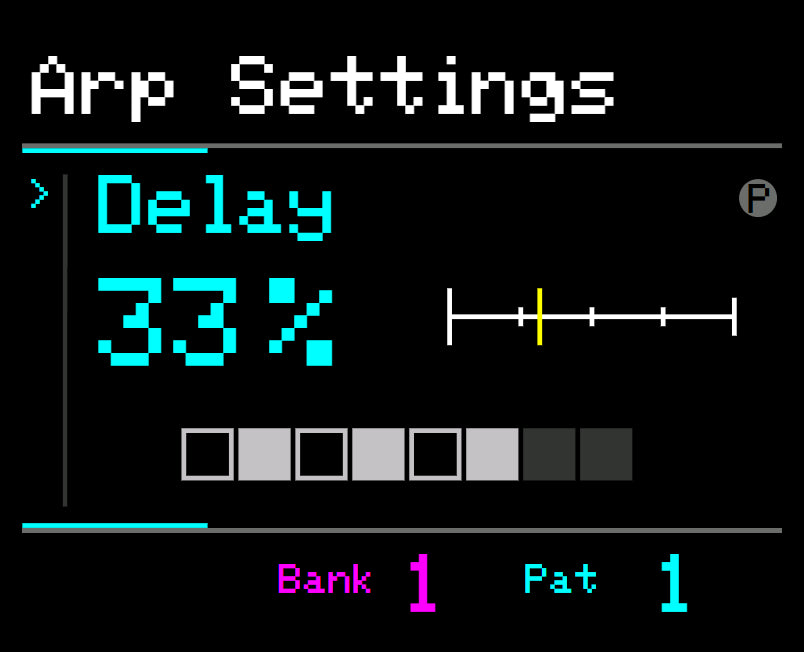 Midicake ARP screen – Delay 33% with per-step pattern