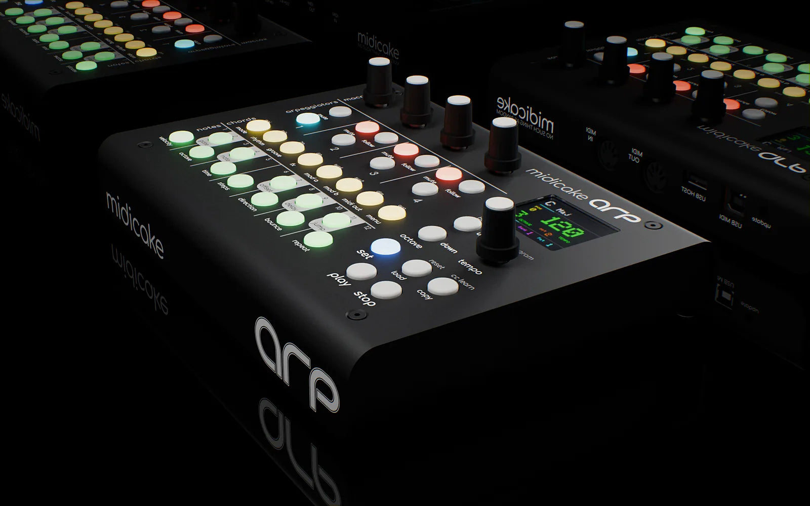 Midicake ARP arpeggiator and sequencer, angled studio shot with lit chord and note buttons