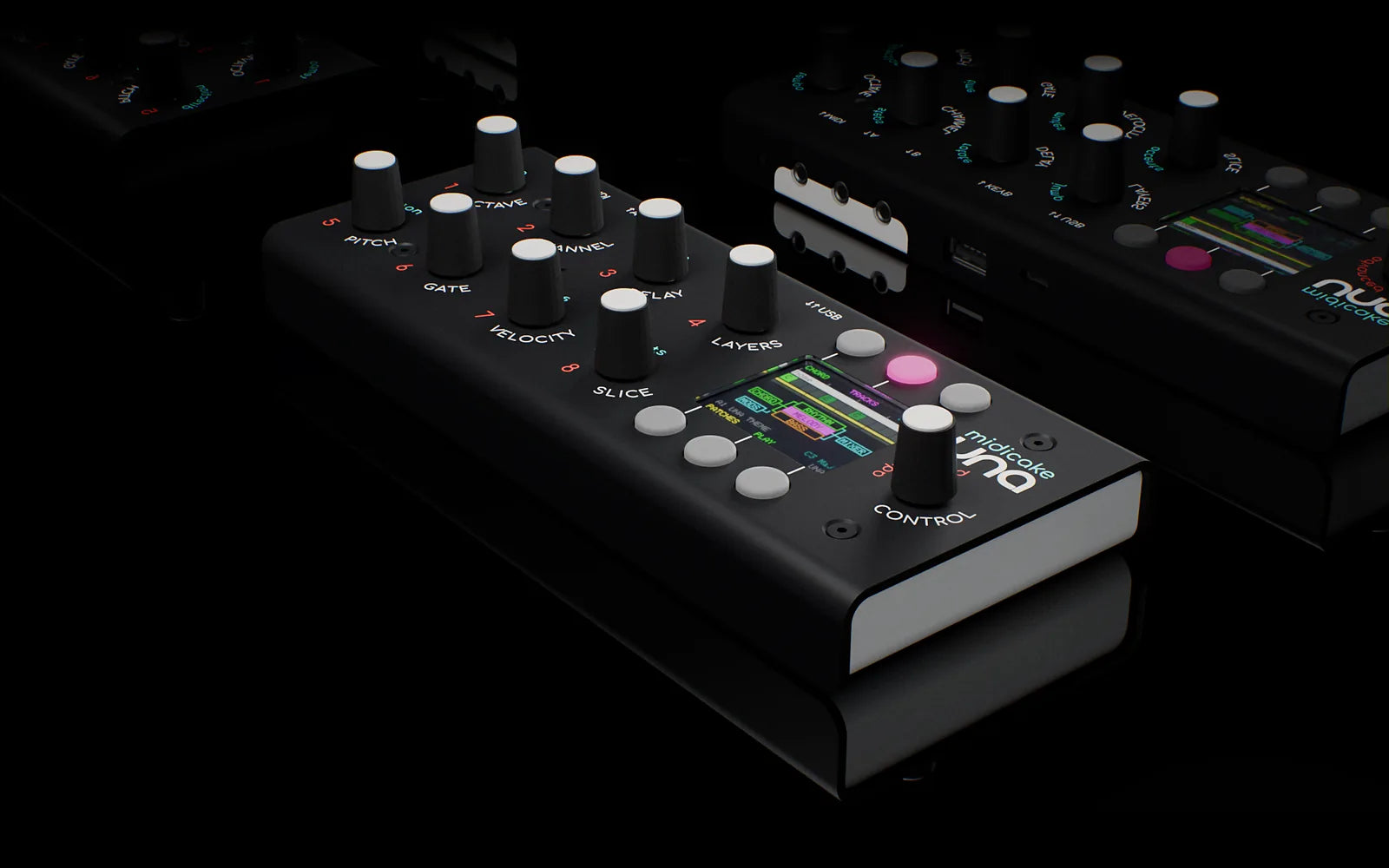 Midicake UNA hardware MIDI composer, angled studio shot with its colour screen lit