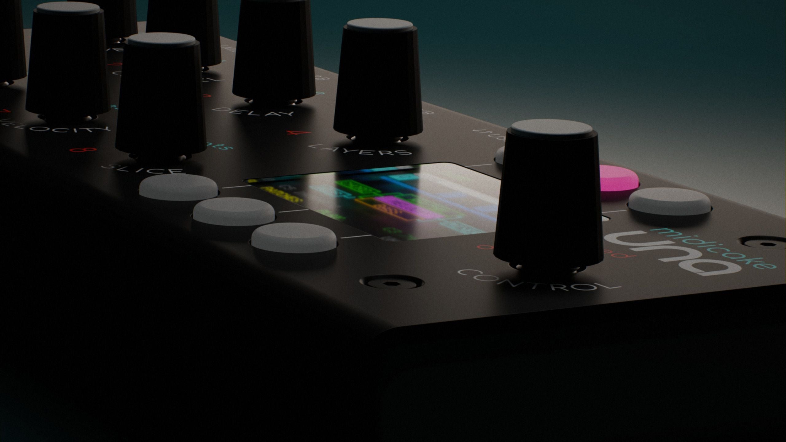 Midicake UNA hardware MIDI composer with chord, melody and bass tracks lit